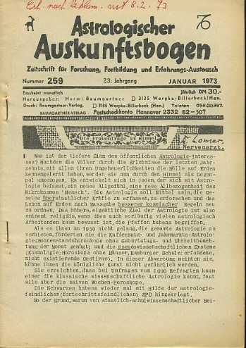  - Astrologischer Auskunftsbogen. Zeitschrift fr Forschung, Fortbildung und Erfahrungsaustausch. Jahrgang 1973. 9 out of 12 issues