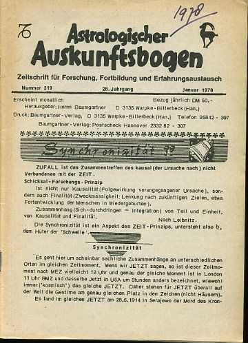  - Astrologischer Auskunftsbogen. Zeitschrift fr Forschung, Fortbildung und Erfahrungsaustausch. Jahrgang 1978. 4 issues out of 12