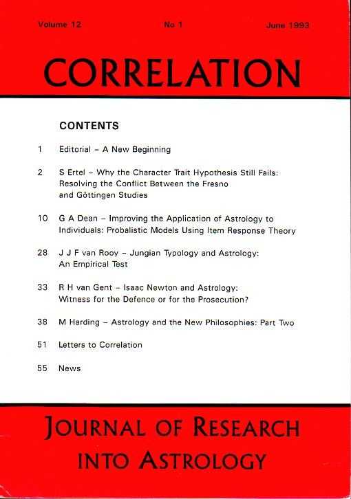 SMITH, RUDOLF H. [ED.] - Correlation. Journal of Research into Astrology. Vol. 12, no. 1 June 1993, no. 2 Winter 1993/94