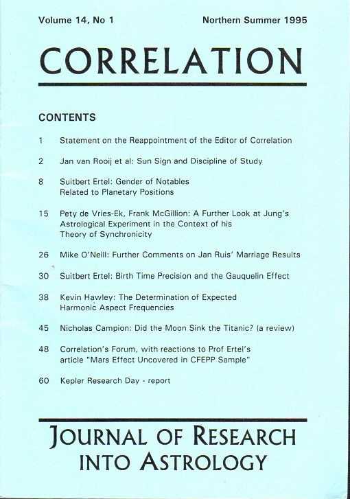 SMITH, RUDOLF H. [ED.] - Correlation. Journal of Research into Astrology. Vol. 14, no. 1 Northern Summer 1995, no. 2 Northern Winter 1995/96