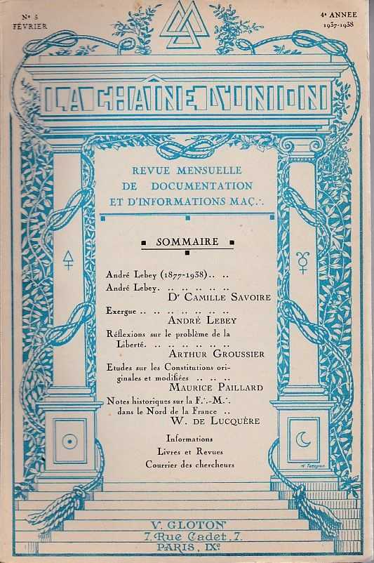  - la Chane d'Union - revue mensuelle de documentation et d'information Maonnique. 4e annee 1937-1938 No. 5, 6, 7