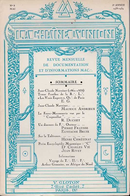  - la Chane d'Union - revue mensuelle de documentation et d'information Maonnique. 5e annee 1938-1939 No. 8, 9, 10